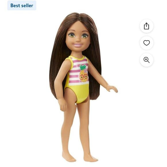 BARBIE CLUB CHELSEA DOLL W/LONG BROWN HAIR & GREEN EYES PINEAPPLE SWIMSUIT NWT - Picture 1 of 6